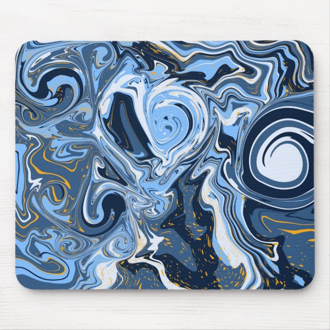 Blue, Gold and White Fluid Art Swirls Marble like Mouse Pad (Front)