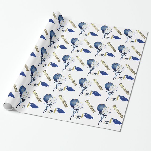 Blue, Gold, and White Graduation Wrapping Paper (Unrolled)
