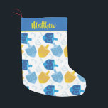 Blue Gold and White Hanukkah Dreidel Fun Small Christmas Stocking<br><div class="desc">One of a kind,  this holiday stocking features a blue and gold dreidel design with Hebrew letters adorning the image all on a white background.  Great for interfaith families,  place your order today!


Hanukkah pattern design:  AMBillustrations 
http://www.etsy.com/shop/AMBillustrations/</div>