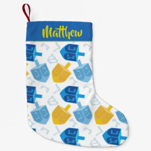 Blue Gold and White Hanukkah Dreidel Fun Small Christmas Stocking