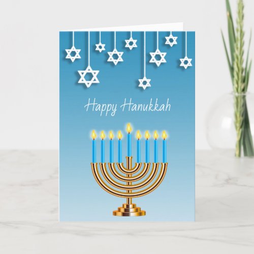 Blue Gold and White Menorah Happy Hanukkah Card