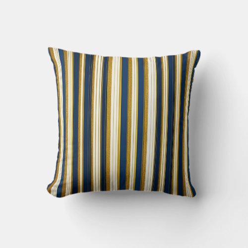 Blue Gold and White striped Throw Pillow