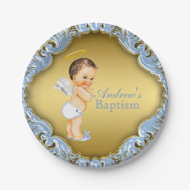 Blue Gold Angel Baby Boy Baptism Christening Paper Plates (Front)