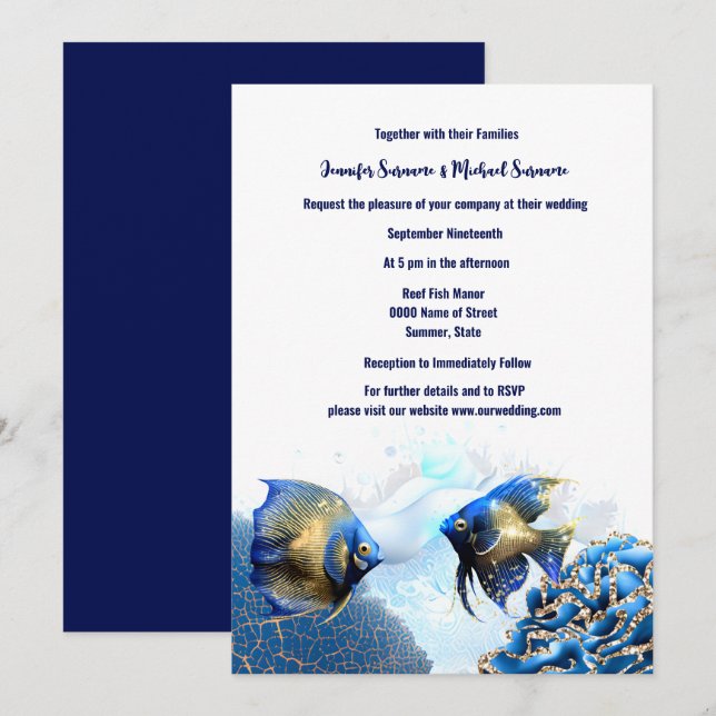 Blue gold angel fish island reef beach chic invitation (Front/Back)