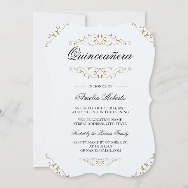 Blue Gold Antique Flourish Quinceanera Invitation (Front)