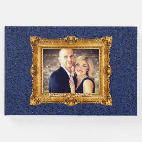 Blue gold antique picture frame couples photo guest book