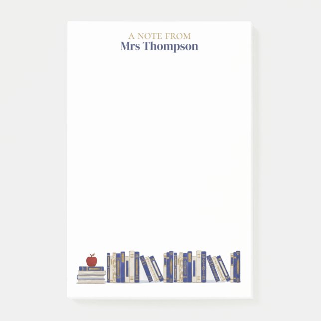 Blue Gold Apple Bookshelf Personalized Teacher Post-it Notes (Front)