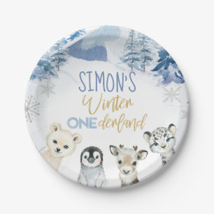 Blue Gold Arctic Winter Onederland Birthday Paper Plates