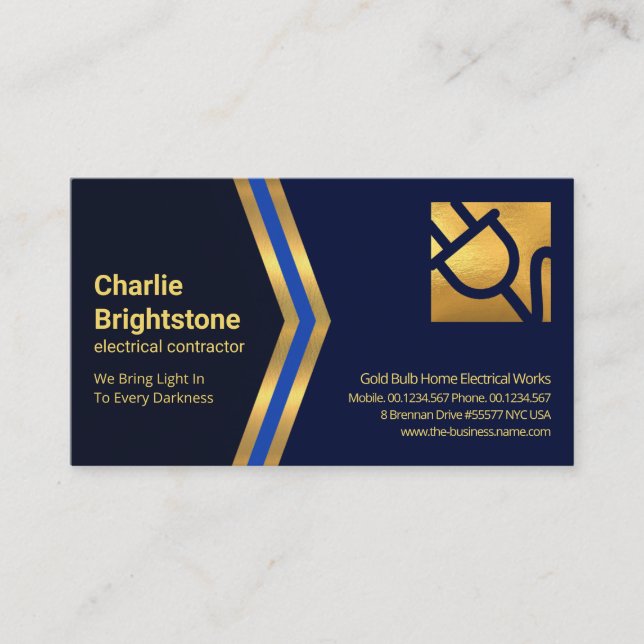 Blue Gold Arrows Gold Power Plug Electrician Business Card (Front)