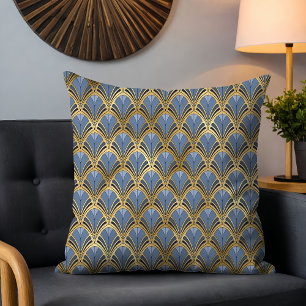 Blue Gold Art Deco Fan Pattern Throw Pillow