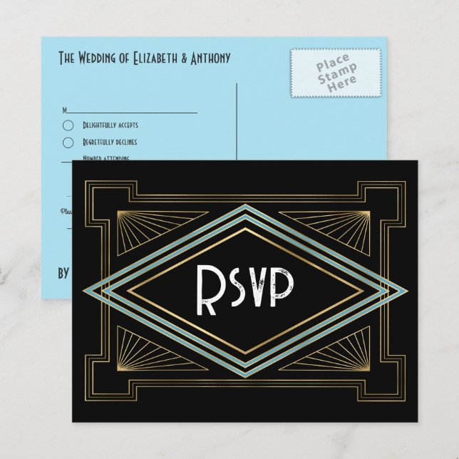 Blue & Gold Art Deco Gatsby-Inspired Wedding Postcard (Front/Back)