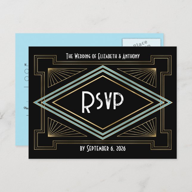 Blue & Gold Art Deco Gatsby-Inspired Wedding Postcard (Front/Back)