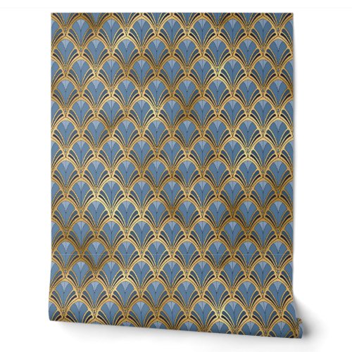 Blue Gold Art Deco Geometric Pattern Wallpaper