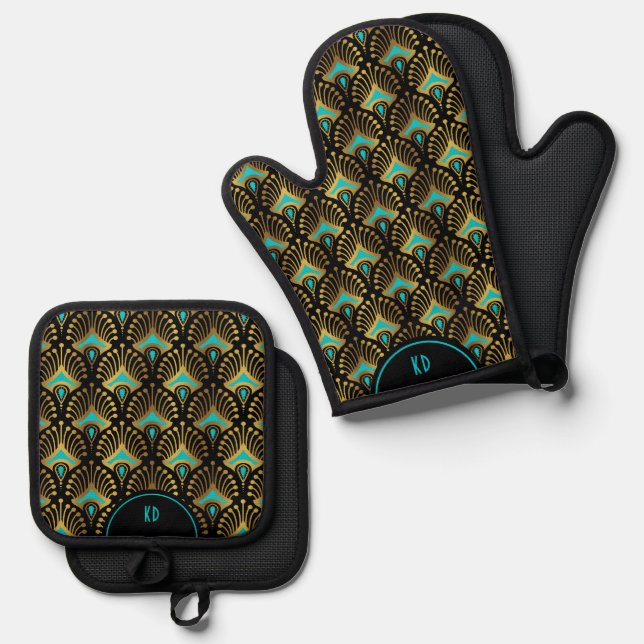 Blue Gold Art Deco Pattern Oven Mitt & Pot Holder Set (Front/Back)