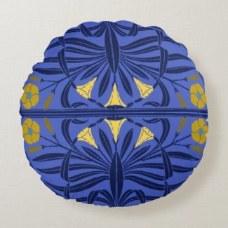 Blue & Gold Art Nouveau Round Pillow