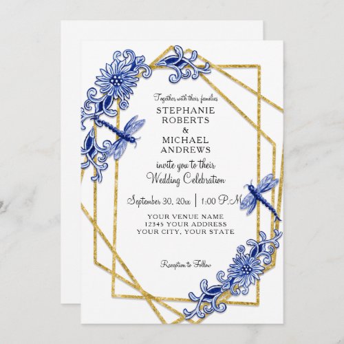 Blue Gold Asian Dragonfly China Floral Watercolor Invitation
