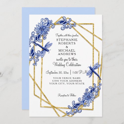 Blue Gold Asian Dragonfly China Flowers Watercolor Invitation