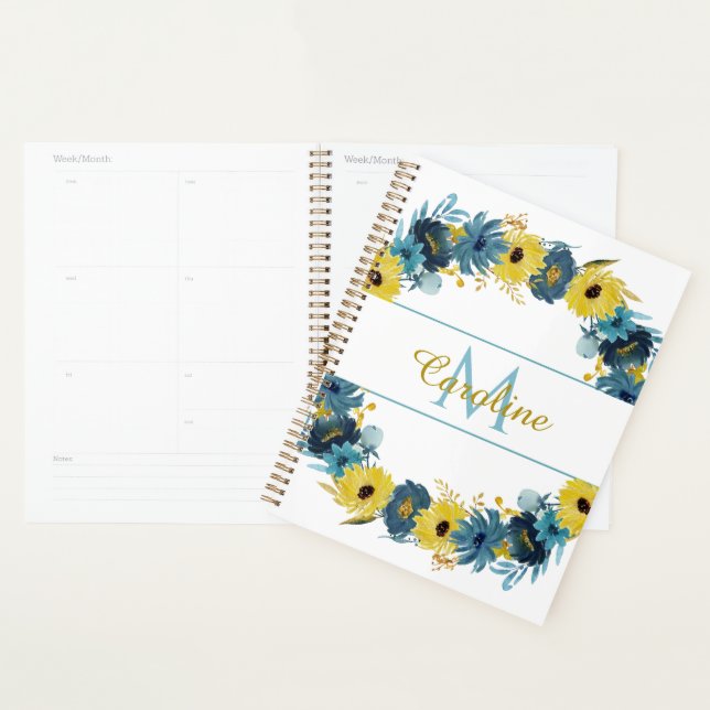 Blue Gold Autumn Floral Wreath Monogram Planner (Display)