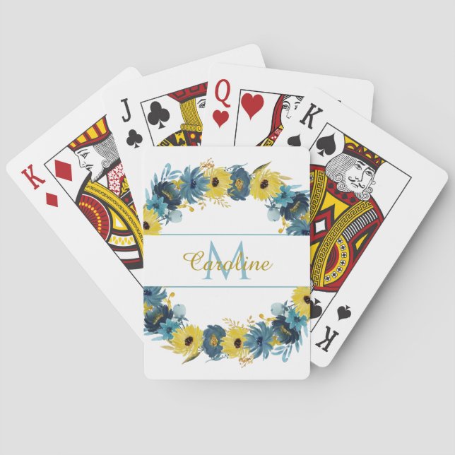 Blue Gold Autumn Floral Wreath Monogram Poker Cards (Back)
