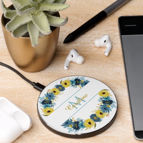 Blue Gold Autumn Floral Wreath Monogram Wireless Charger