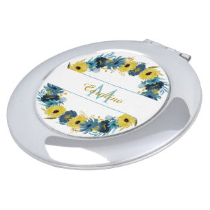 Blue Gold Autumn Flowers Wreath Monogram Compact Mirror