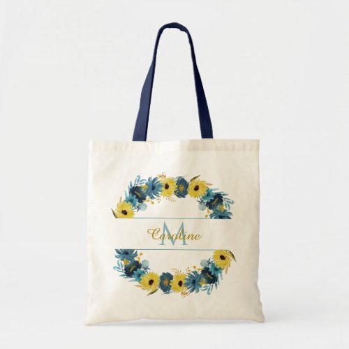 Blue Gold Autumn Flowers Wreath Monogram Tote Bag