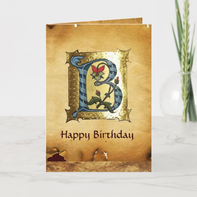 BLUE GOLD B LETTER WITH FLOWERS MONOGRAM Birthday Card (Front)