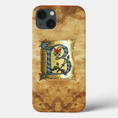 BLUE GOLD B LETTER WITH FLOWERS MONOGRAM iPhone 13 CASE