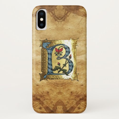 BLUE GOLD B LETTER WITH FLOWERS MONOGRAM iPhone XS CASE