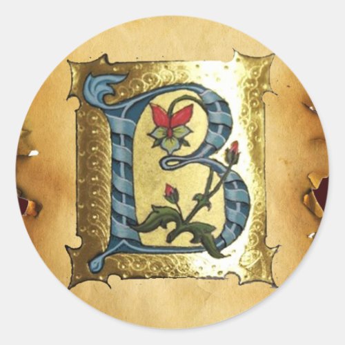 BLUE GOLD B LETTER WITH FLOWERS MONOGRAM CLASSIC ROUND STICKER