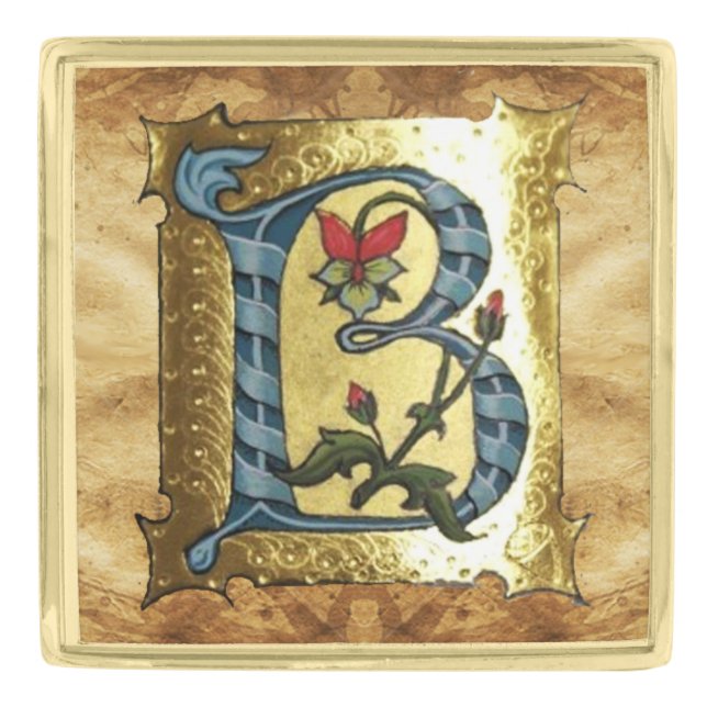 BLUE GOLD B LETTER WITH FLOWERS MONOGRAM FINISH LAPEL PIN (Front)