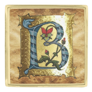 BLUE GOLD B LETTER WITH FLOWERS MONOGRAM GOLD FINISH LAPEL PIN