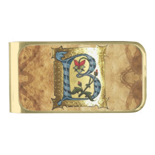 BLUE GOLD B LETTER WITH FLOWERS MONOGRAM GOLD FINISH MONEY CLIP