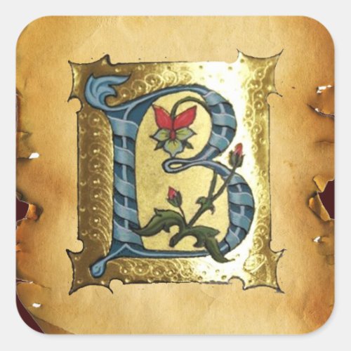 BLUE GOLD B LETTER WITH FLOWERS MONOGRAM SQUARE STICKER