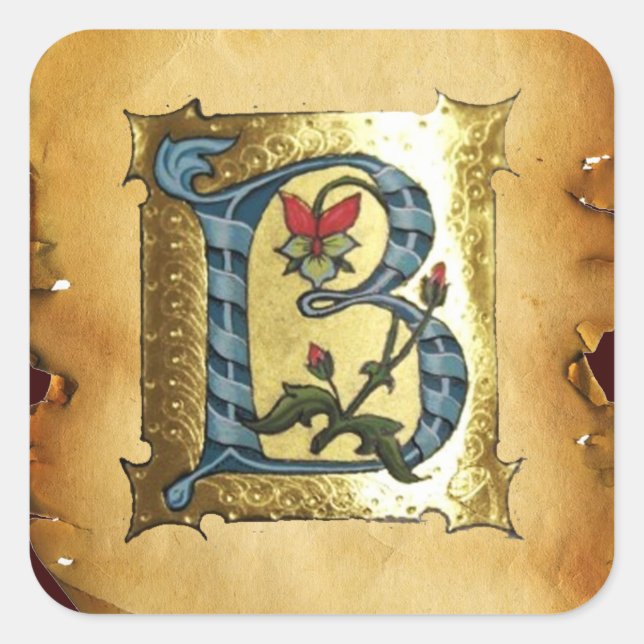 BLUE GOLD B LETTER WITH FLOWERS MONOGRAM SQUARE STICKER (Front)