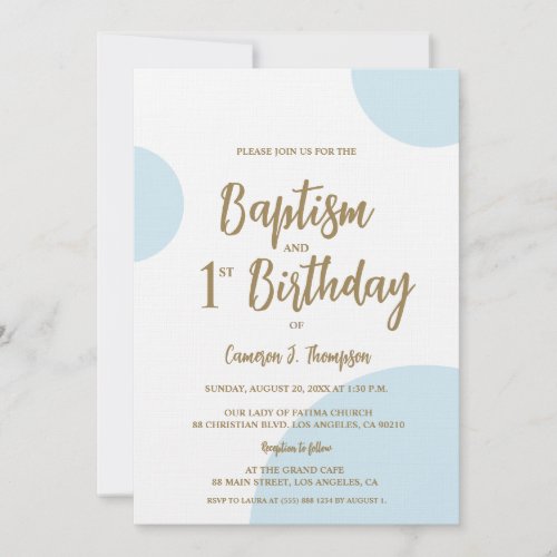 Blue Gold Baby Baptism and 1st Birthday joint Invitation