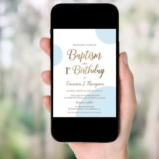 Blue Gold Baby Boy Baptism 1st Birthday Invitation (Front Digital)