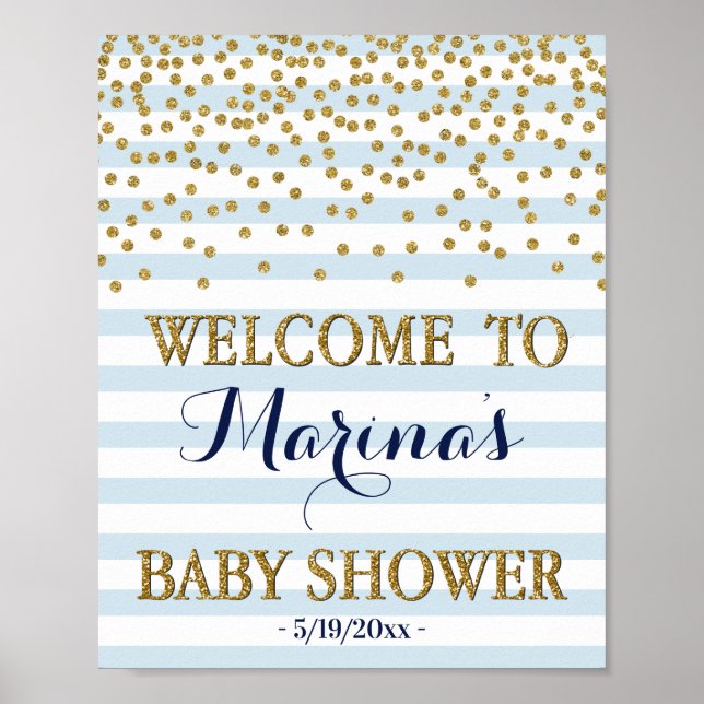 Blue Gold Baby Boy Shower Welcome Sign Decor Print (Front)