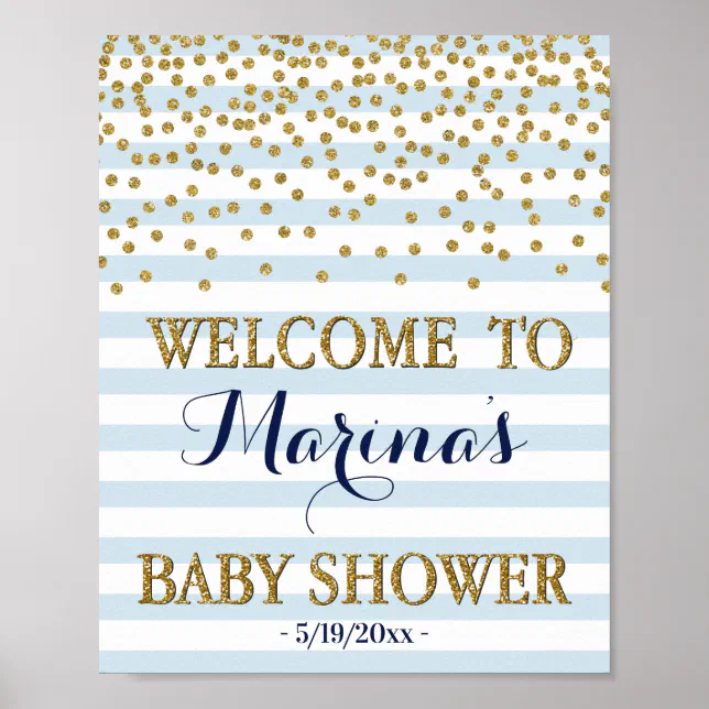 Blue Gold Baby Boy Shower Welcome Sign Decor Print | Zazzle