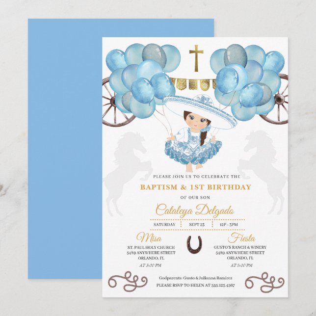 Blue & Gold Baby Charra Mexican Balloons Baptism Invitation (Front/Back)