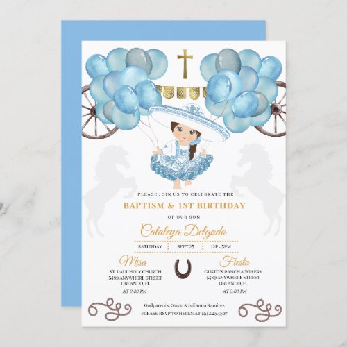 Blue  Gold Baby Charra Mexican Balloons Baptism Invitation