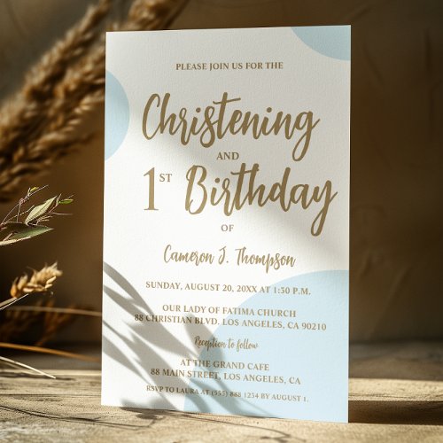 Blue Gold Baby Christening and 1st Birthday joint Invitation