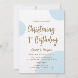 Blue Gold Baby Christening and 1st Birthday joint Invitation