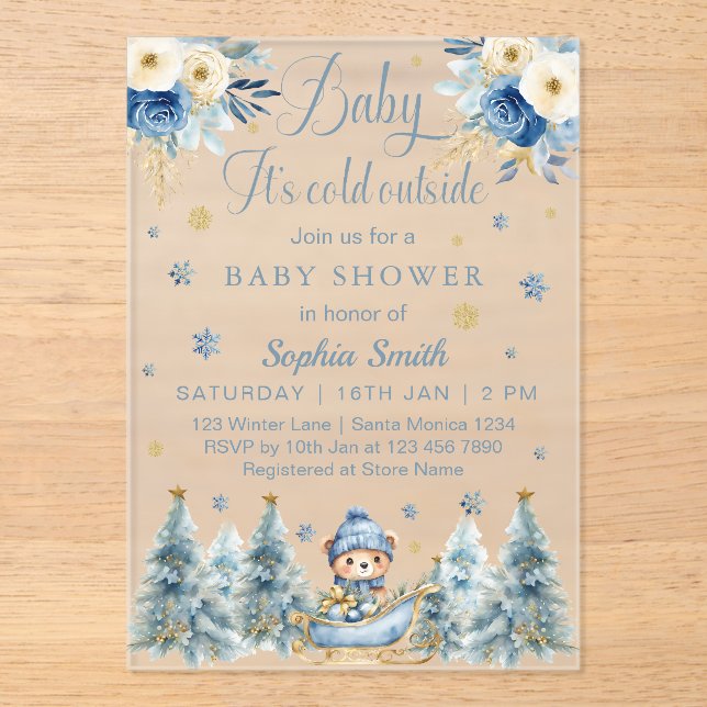 Blue Gold Baby It's Cold Outside Baby Shower Acrylic Invitations (Front)