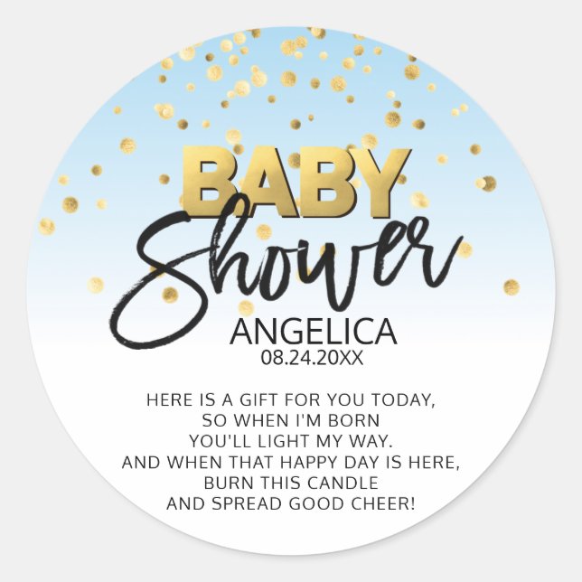 Blue Gold Baby Shower Candle Votive Favor Labels (Front)
