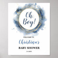 Blue Gold Baby Shower Oh boy Welcome Board Poster