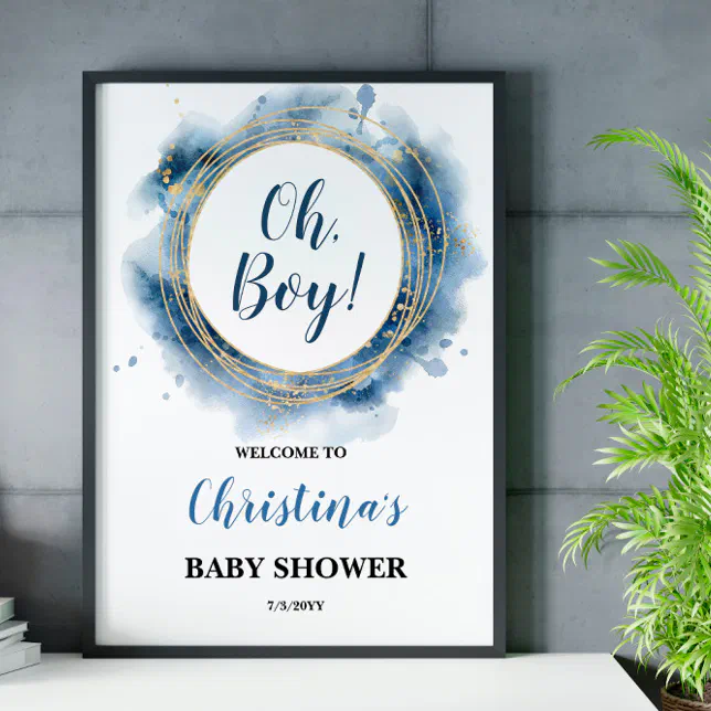 Blue Gold Baby Shower Oh boy Welcome Board Poster | Zazzle