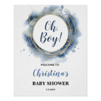 Blue Gold Baby Shower Oh boy Welcome Board Poster