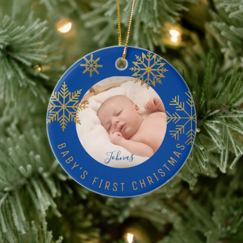 Blue Gold Babys First Christmas Gift Ceramic Ornament