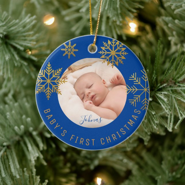 Blue Gold Babys First Christmas Gift Ceramic Ornament (Tree)